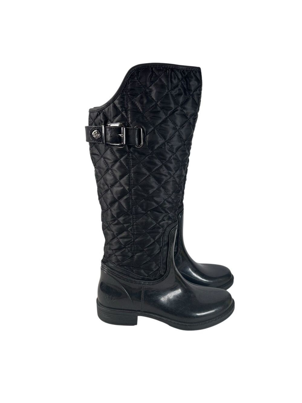 Posh Wellies Rain Boots Women Size 10 Black Knee High Quilted Rubber Embellished